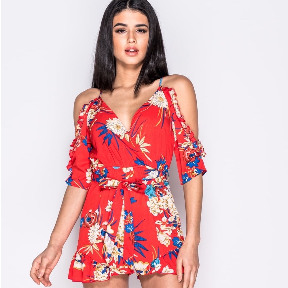 Floral Wrap Front Cold Shoulder Playsuit Romper - Picture 4 of 8